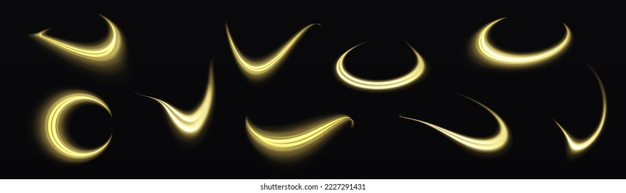 Glowing spiral lines effect. Curved line light. Glittering trail. Swirling glow golden neon wavy. Rotating shining waves of speed. Sparkling swirl with flare sparkles. Dynamic blue motion wave, vector
