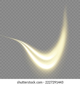 Glowing spiral lines effect. Curved line light. Glittering trail. Swirling glow golden neon wavy. Rotating shining waves of speed. Sparkling swirl with flare sparkles. Dynamic blue motion wave, vector