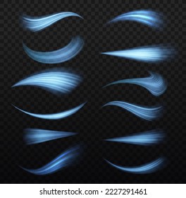 Glowing spiral lines effect. Curved line light. Glittering wavy trail. Swirling glow neon trails. Rotating shining waves of speed. Sparkling swirl with flare sparkles. Dynamic blue motion wave, vector