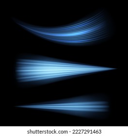 Glowing spiral lines effect. Curved line light. Glittering wavy trail. Swirling glow neon trails. Rotating shining waves of speed. Sparkling swirl with flare sparkles. Dynamic blue motion wave, vector