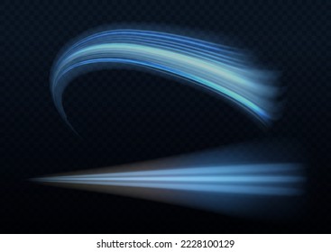 Glowing spiral lines effect. Curved line light. Glittering wavy trail. Swirling glow neon trails. Rotating shining waves of speed. Sparkling swirl with flare sparkles. Dynamic blue motion wave, vector