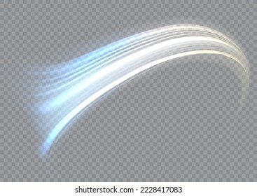 Glowing spiral lines effect. Curved line light. Glittering wavy trail. Swirling glow neon trails. Rotating shining waves of speed. Sparkling swirl with flare sparkles. Dynamic blue motion wave, vector