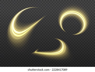 Glowing spiral lines effect. Curved line light. Glittering trail. Swirling glow golden neon wavy. Rotating shining waves of speed. Sparkling swirl with flare sparkles. Dynamic blue motion wave, vector