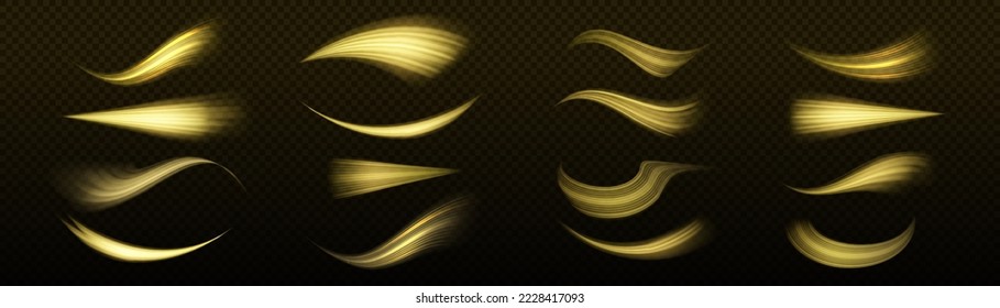 Glowing spiral lines effect. Curved line light. Glittering trail. Swirling glow golden neon wavy. Rotating shining waves of speed. Sparkling swirl with flare sparkles. Dynamic blue motion wave, vector