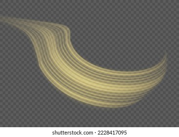 Glowing spiral lines effect. Curved line light. Glittering trail. Swirling glow golden neon wavy. Rotating shining waves of speed. Sparkling swirl with flare sparkles. Dynamic blue motion wave, vector