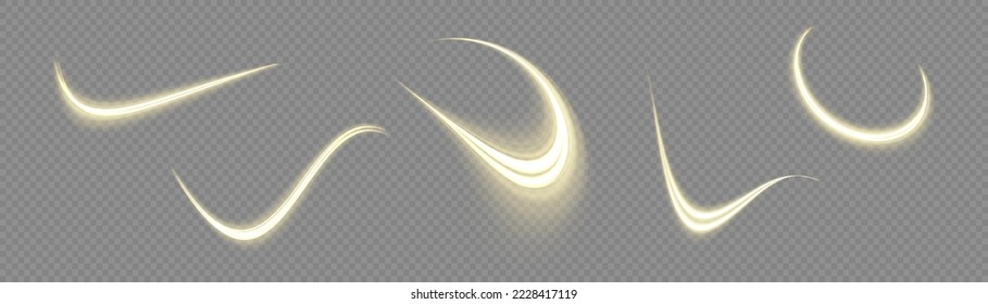Glowing spiral lines effect. Curved line light. Glittering trail. Swirling glow golden neon wavy. Rotating shining waves of speed. Sparkling swirl with flare sparkles. Dynamic blue motion wave, vector