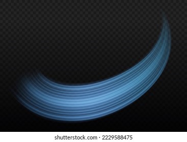 Efecto de líneas espirales brillantes. Luz de línea curva. Rueda ondulante. Caminos de neón resplandecientes girando. Olas de velocidad giratorias brillantes. Giro espumoso con destellos de bengala. Onda de movimiento azul dinámico, vector