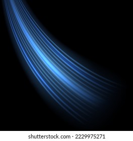 Glowing spiral lines effect. Curved line light. Glittering wavy trail. Swirling glow neon trails. Rotating shining waves of speed. Sparkling swirl with flare sparkles. Dynamic blue motion wave, vector