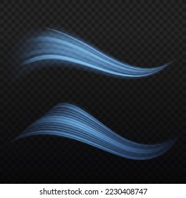 Glowing spiral lines effect. Curved line light. Glittering wavy trail. Swirling glow neon trails. Rotating shining waves of speed. Sparkling swirl with flare sparkles. Dynamic blue motion wave, vector