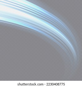 Efecto de líneas espirales brillantes. Luz de línea curva. Rueda ondulante. Caminos de neón resplandecientes girando. Olas de velocidad giratorias brillantes. Giro espumoso con destellos de bengala. Onda de movimiento azul dinámico, vector