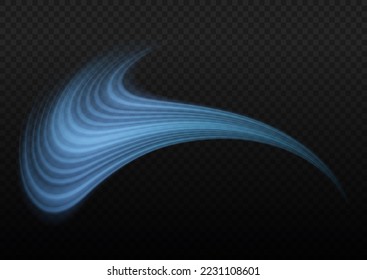 Glowing spiral lines effect. Curved line light. Glittering wavy trail. Swirling glow neon trails. Rotating shining waves of speed. Sparkling swirl with flare sparkles. Dynamic blue motion wave, vector