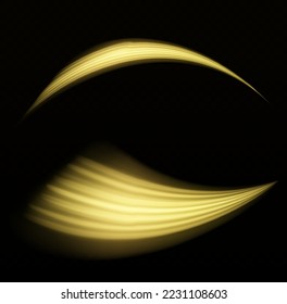Glowing spiral lines effect. Curved line light. Glittering trail. Swirling glow golden neon wavy. Rotating shining waves of speed. Sparkling swirl with flare sparkles. Dynamic blue motion wave, vector