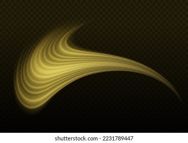 Efecto de líneas espirales brillantes. Luz de línea curva. Trayectoria brillante. Onda de neón dorado que brilla. Olas de velocidad giratorias brillantes. Giro espumoso con destellos de bengala. Onda de movimiento azul dinámico, vector