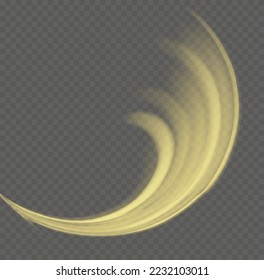 Glowing spiral lines effect. Curved line light. Glittering trail. Swirling glow golden neon wavy. Rotating shining waves of speed. Sparkling swirl with flare sparkles. Dynamic blue motion wave, vector