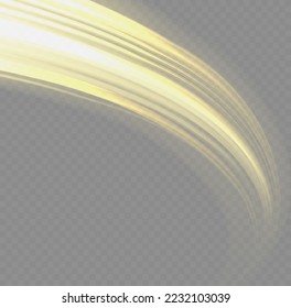 Glowing spiral lines effect. Curved line light. Glittering trail. Swirling glow golden neon wavy. Rotating shining waves of speed. Sparkling swirl with flare sparkles. Dynamic blue motion wave, vector