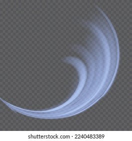 Glowing spiral lines effect. Curved line light. Glittering wavy trail. Swirling glow neon trails. Rotating shining waves of speed. Sparkling swirl with flare sparkles. Dynamic blue motion wave, vector