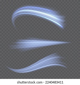 Glowing spiral lines effect. Curved line light. Glittering wavy trail. Swirling glow neon trails. Rotating shining waves of speed. Sparkling swirl with flare sparkles. Dynamic blue motion wave, vector