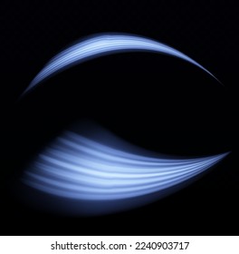 Glowing spiral lines effect. Curved line light. Glittering wavy trail. Swirling glow neon trails. Rotating shining waves of speed. Sparkling swirl with flare sparkles. Dynamic blue motion wave, vector