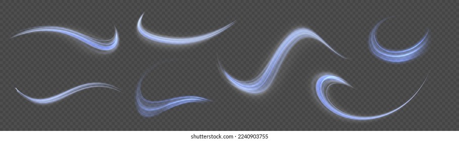 Glowing spiral lines effect. Curved line light. Glittering wavy trail. Swirling glow neon trails. Rotating shining waves of speed. Sparkling swirl with flare sparkles. Dynamic blue motion wave, vector
