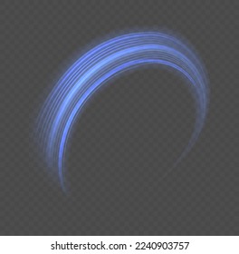 Efecto de líneas espirales brillantes. Luz de línea curva. Rueda ondulante. Caminos de neón resplandecientes girando. Olas de velocidad giratorias brillantes. Giro espumoso con destellos de bengala. Onda de movimiento azul dinámico, vector