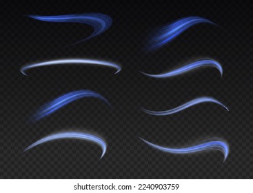 Glowing spiral lines effect. Curved line light. Glittering wavy trail. Swirling glow neon trails. Rotating shining waves of speed. Sparkling swirl with flare sparkles. Dynamic blue motion wave, vector