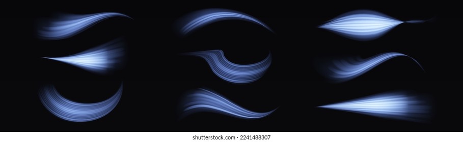 Efecto de líneas espirales brillantes. Luz de línea curva. Rueda ondulante. Caminos de neón resplandecientes girando. Olas de velocidad giratorias brillantes. Giro espumoso con destellos de bengala. Onda de movimiento azul dinámico, vector