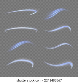 Glowing spiral lines effect. Curved line light. Glittering wavy trail. Swirling glow neon trails. Rotating shining waves of speed. Sparkling swirl with flare sparkles. Dynamic blue motion wave, vector