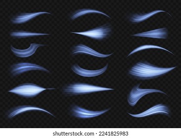 Glowing spiral lines effect. Curved line light. Glittering wavy trail. Swirling glow neon trails. Rotating shining waves of speed. Sparkling swirl with flare sparkles. Dynamic blue motion wave, vector