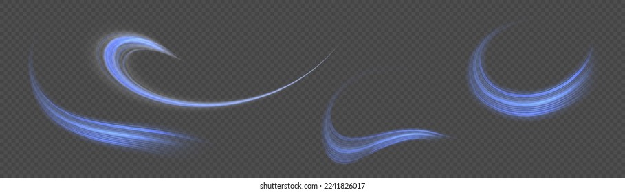 Glowing spiral lines effect. Curved line light. Glittering wavy trail. Swirling glow neon trails. Rotating shining waves of speed. Sparkling swirl with flare sparkles. Dynamic blue motion wave, vector