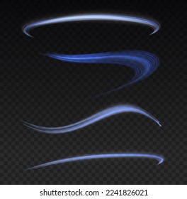 Efecto de líneas espirales brillantes. Luz de línea curva. Rueda ondulante. Caminos de neón resplandecientes girando. Olas de velocidad giratorias brillantes. Giro espumoso con destellos de bengala. Onda de movimiento azul dinámico, vector
