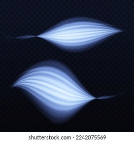 Glowing spiral lines effect. Curved line light. Glittering wavy trail. Swirling glow neon trails. Rotating shining waves of speed. Sparkling swirl with flare sparkles. Dynamic blue motion wave, vector