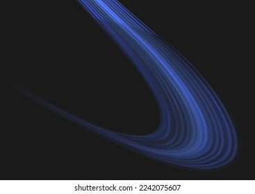 Glowing spiral lines effect. Curved line light. Glittering wavy trail. Swirling glow neon trails. Rotating shining waves of speed. Sparkling swirl with flare sparkles. Dynamic blue motion wave, vector