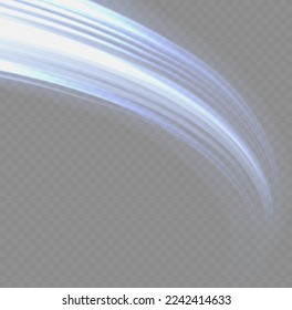 Efecto de líneas espirales brillantes. Luz de línea curva. Rueda ondulante. Caminos de neón resplandecientes girando. Olas de velocidad giratorias brillantes. Giro espumoso con destellos de bengala. Onda de movimiento azul dinámico, vector