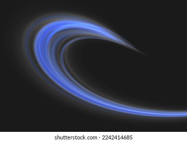 Glowing spiral lines effect. Curved line light. Glittering wavy trail. Swirling glow neon trails. Rotating shining waves of speed. Sparkling swirl with flare sparkles. Dynamic blue motion wave, vector