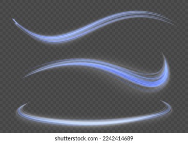 Glowing spiral lines effect. Curved line light. Glittering wavy trail. Swirling glow neon trails. Rotating shining waves of speed. Sparkling swirl with flare sparkles. Dynamic blue motion wave, vector