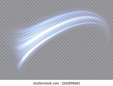 Efecto de líneas espirales brillantes. Luz de línea curva. Rueda ondulante. Caminos de neón resplandecientes girando. Olas de velocidad giratorias brillantes. Giro espumoso con destellos de bengala. Onda de movimiento azul dinámico, vector