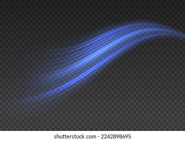 Glowing spiral lines effect. Curved line light. Glittering wavy trail. Swirling glow neon trails. Rotating shining waves of speed. Sparkling swirl with flare sparkles. Dynamic blue motion wave, vector