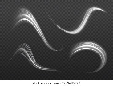 Glowing spiral lines effect. Curved line light. Glittering trail. Swirling glow neon wavy. Rotating shining waves of speed. Sparkling swirl with flare sparkle. Dynamic white motion wave twist, vector