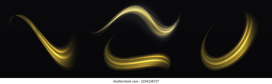 Efecto de líneas espirales brillantes. Luz de línea curva. Trayectoria brillante. Onda de neón dorado girando. Olas de velocidad giratorias brillantes. Giro resplandeciente con chispa. Giro dinámico de la onda de movimiento amarillo, vector