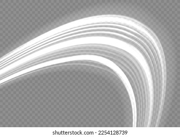 Glowing spiral lines effect. Curved line light. Glittering trail. Swirling glow neon wavy. Rotating shining waves of speed. Sparkling swirl with flare sparkle. Dynamic white motion wave twist, vector