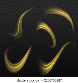 Glühende Spirallinien-Wirkung. Kurvenlicht. Glitzerweg. Goldene Neonwache wirbeln. Drehende glänzende Geschwindigkeitswellen. funkelnder Schwirl mit Fackelfunkel. Dynamische gelbe Wellenbewegung, Vektorgrafik