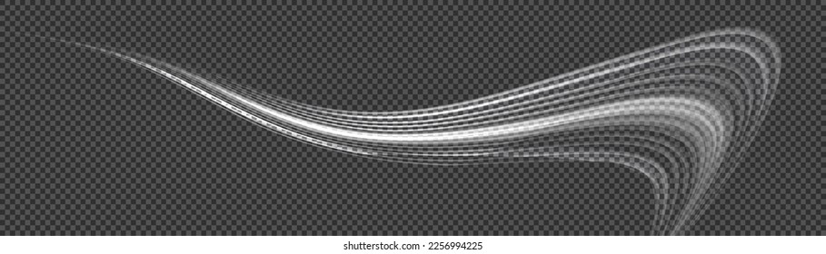 Glowing spiral lines effect. Curved line light. Glittering trail. Swirling glow neon wavy. Rotating shining waves of speed. Sparkling swirl with flare sparkle. Dynamic white motion wave twist, vector