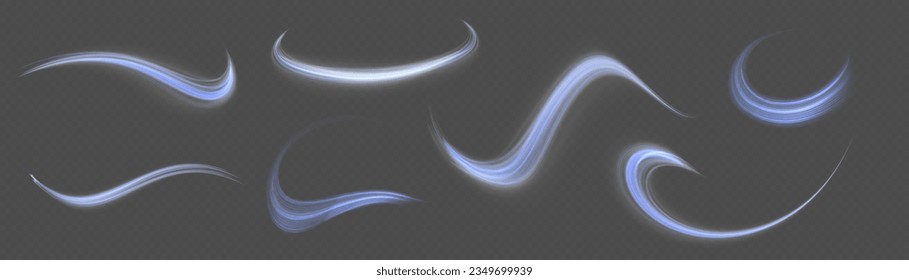 Glowing spiral lines effect. Curved line light. Glittering wavy trail. Swirling glow neon trails. Rotating shining waves of speed. Sparkling swirl with flare sparkles. Dynamic blue motion wave, vector