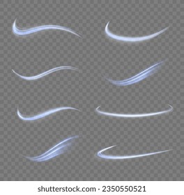 Glowing spiral lines effect. Curved line light. Glittering wavy trail. Swirling glow neon trails. Rotating shining waves of speed. Sparkling swirl with flare sparkles. Dynamic blue motion wave, vector