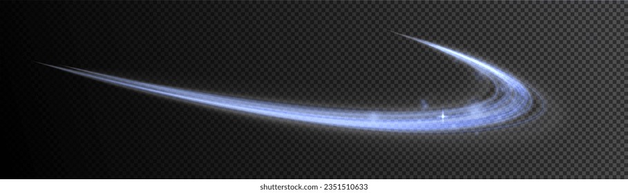 Efecto de líneas espirales brillantes. Luz de línea curva. Rueda ondulante. Caminos de neón resplandecientes girando. Olas de velocidad giratorias brillantes. Giro espumoso con destellos de bengala. Onda de movimiento azul dinámico, vector