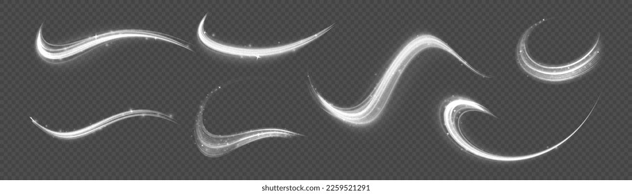 Glowing spiral lines effect. Sparkling swirl with flare sparkle. Swirling glow neon wavy. Dynamic white motion wave twist. Rotating shining waves of speed. Curved line light. Glittering trail, vector