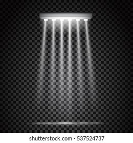 Glowing spotlights. Illumination stage lights. Rows of lamps. Vector illustration for your graphic design.