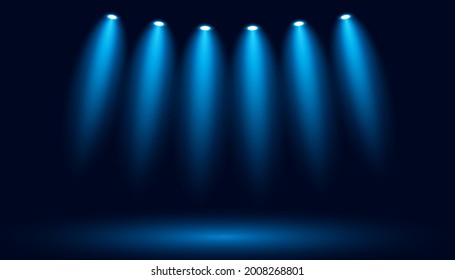 Glowing spotlights on a dark blue background. Vector backdrop illustration.