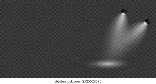 Glowing spotlights for stage lighting. Light effect and light flow. On a transparent background.