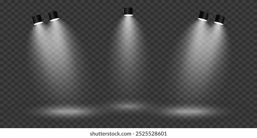 Glowing spotlights for stage lighting. Light effect and light flow. On a transparent background.